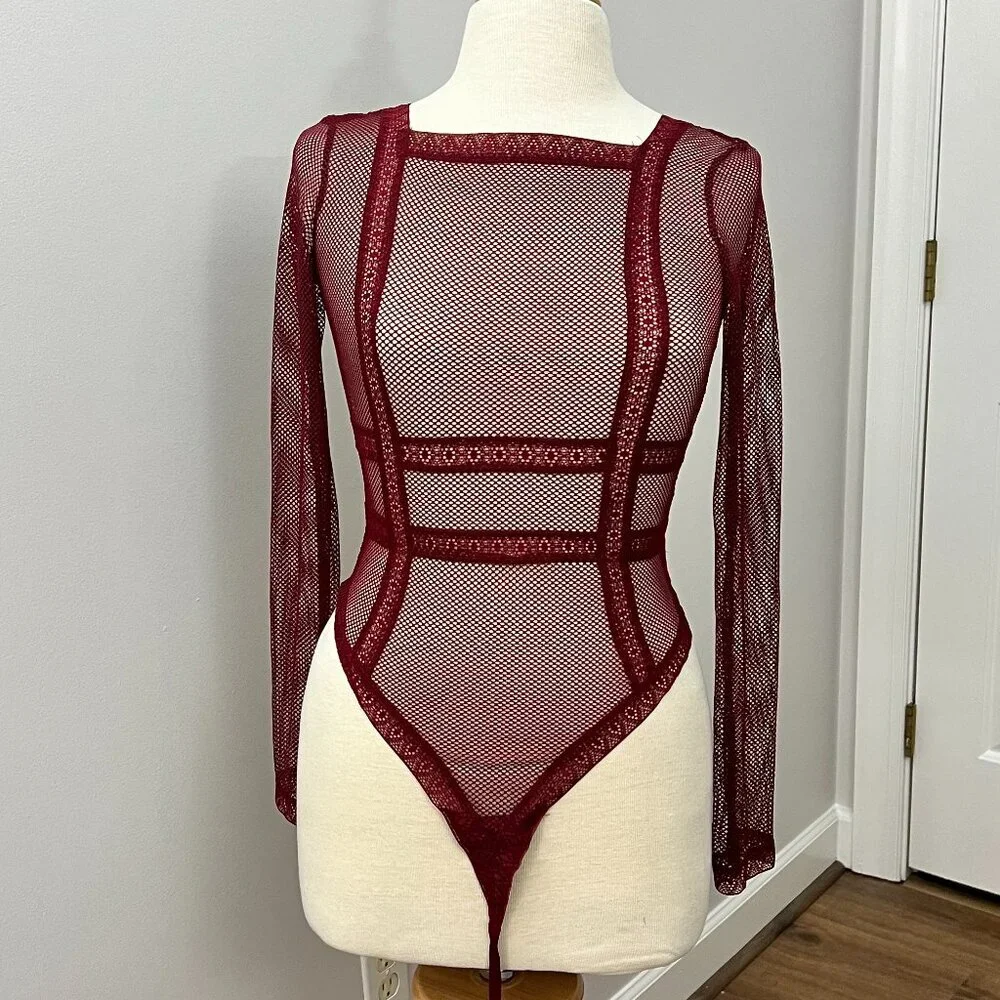 VICTORIA SECRET Burgundy Fishnet Thong Mesh Bodysuit Sz S